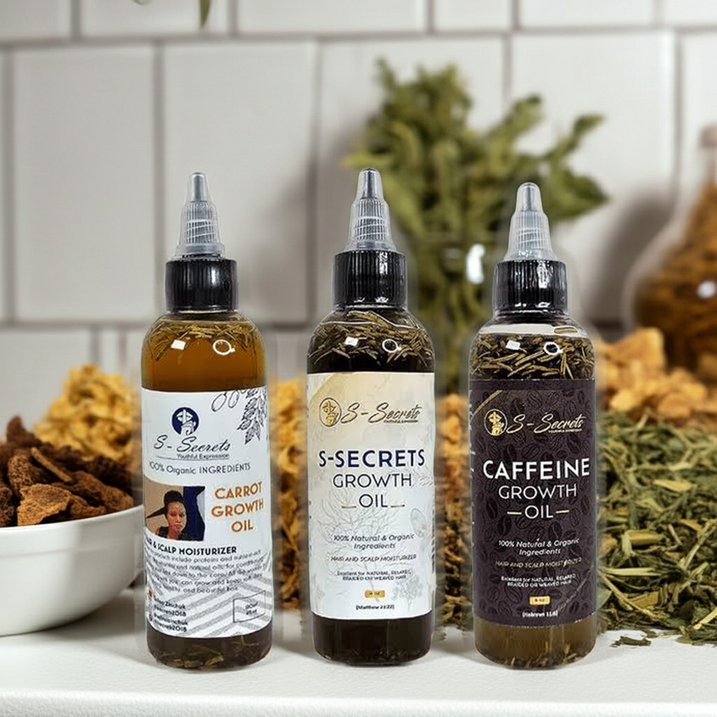 S-Secrets Hair Growth Bundle - Ultimate 3 x 4oz Bottles with Biotin, Ayurvedic Herbs, Essential Oils, Saw Palmetto & Scalp Stimulator Oil