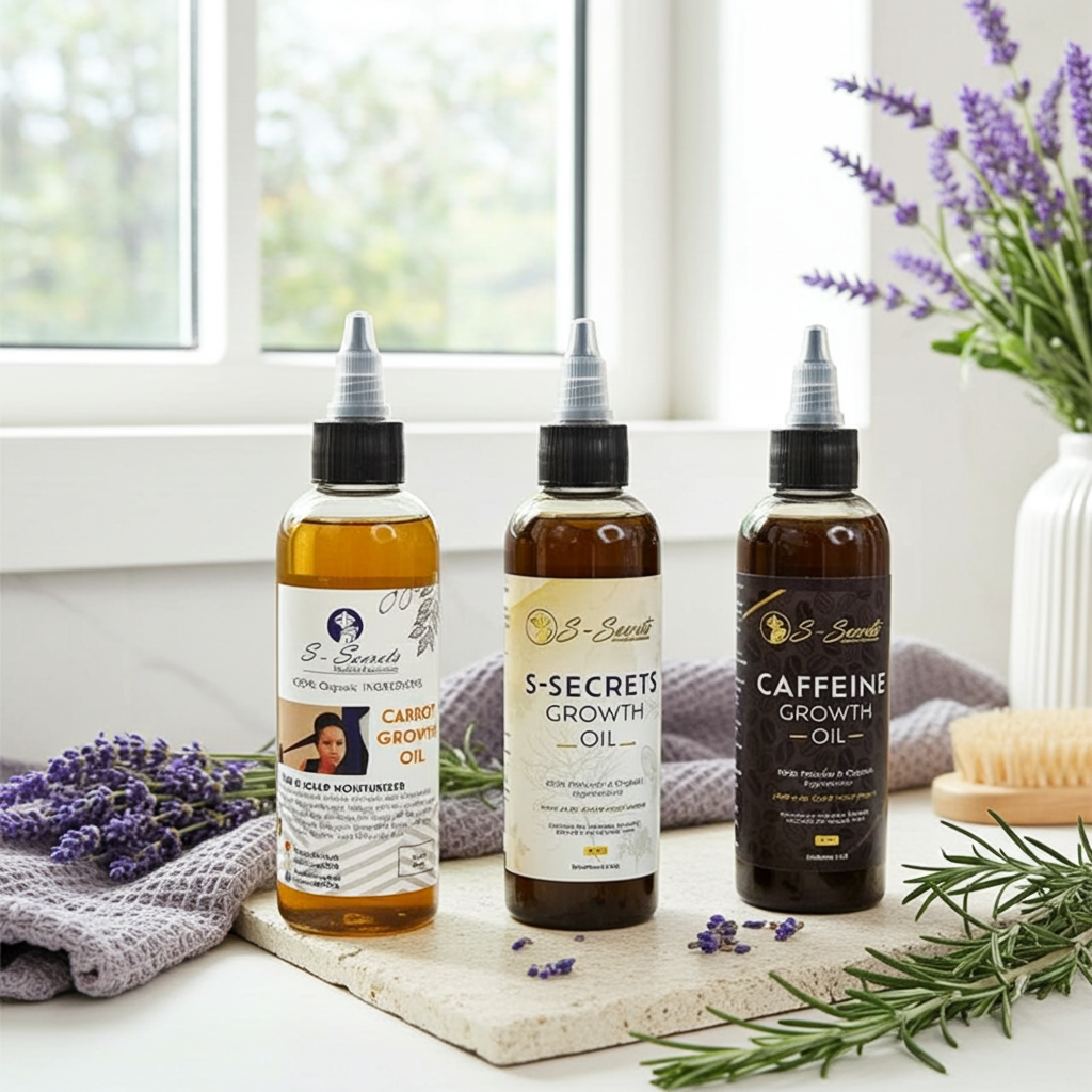 S-Secrets Hair Growth Bundle - Ultimate 3 x 4oz Bottles with Biotin, Ayurvedic Herbs, Essential Oils, Saw Palmetto & Scalp Stimulator Oil