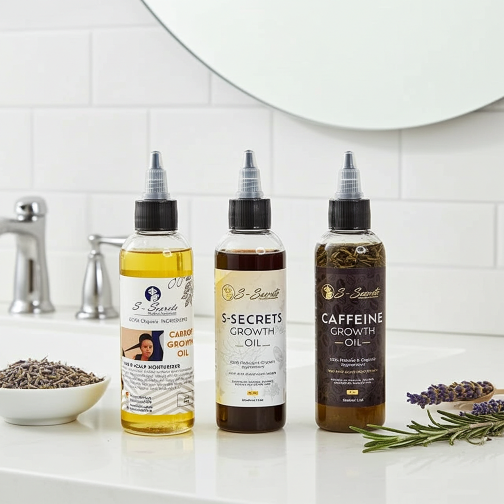 S-Secrets Hair Growth Bundle - Ultimate 3 x 4oz Bottles with Biotin, Ayurvedic Herbs, Essential Oils, Saw Palmetto & Scalp Stimulator Oil