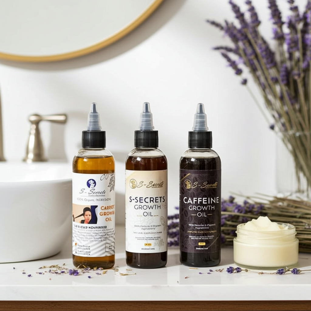 S-Secrets Hair Growth Bundle - Ultimate 3 x 4oz Bottles with Biotin, Ayurvedic Herbs, Essential Oils, Saw Palmetto & Scalp Stimulator Oil