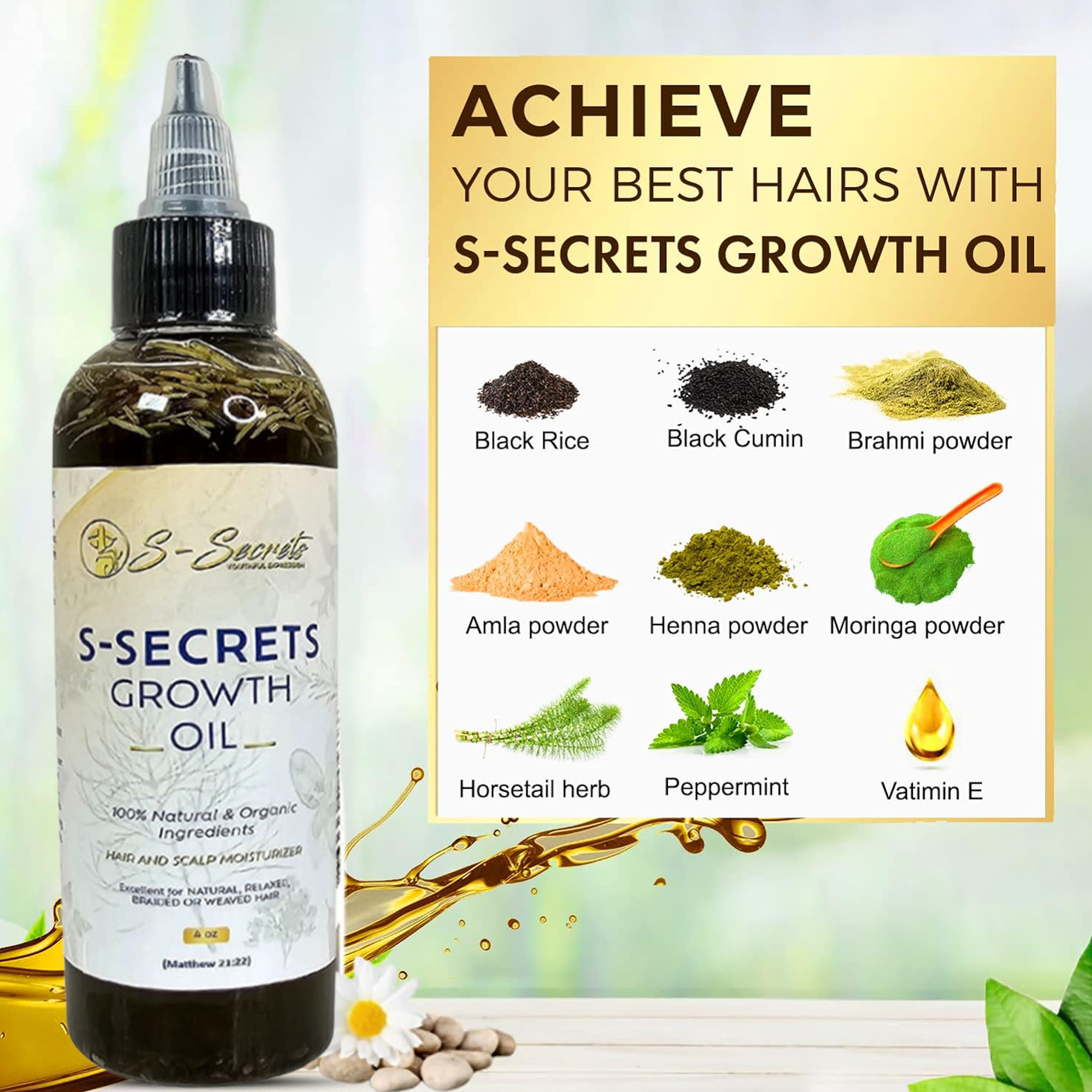 S-Secrets Scalp Stimulator Hair Growth Oil 4oz, Herbs, Biotin, essential oils For All Hair Types